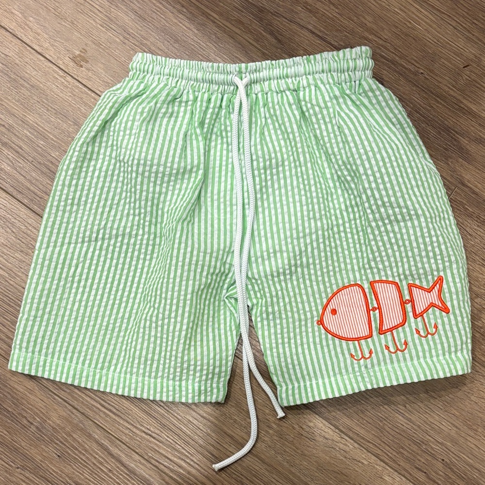 Light Green Seersucker Swim Trunks by Smocked Threads by Cecil & Lou